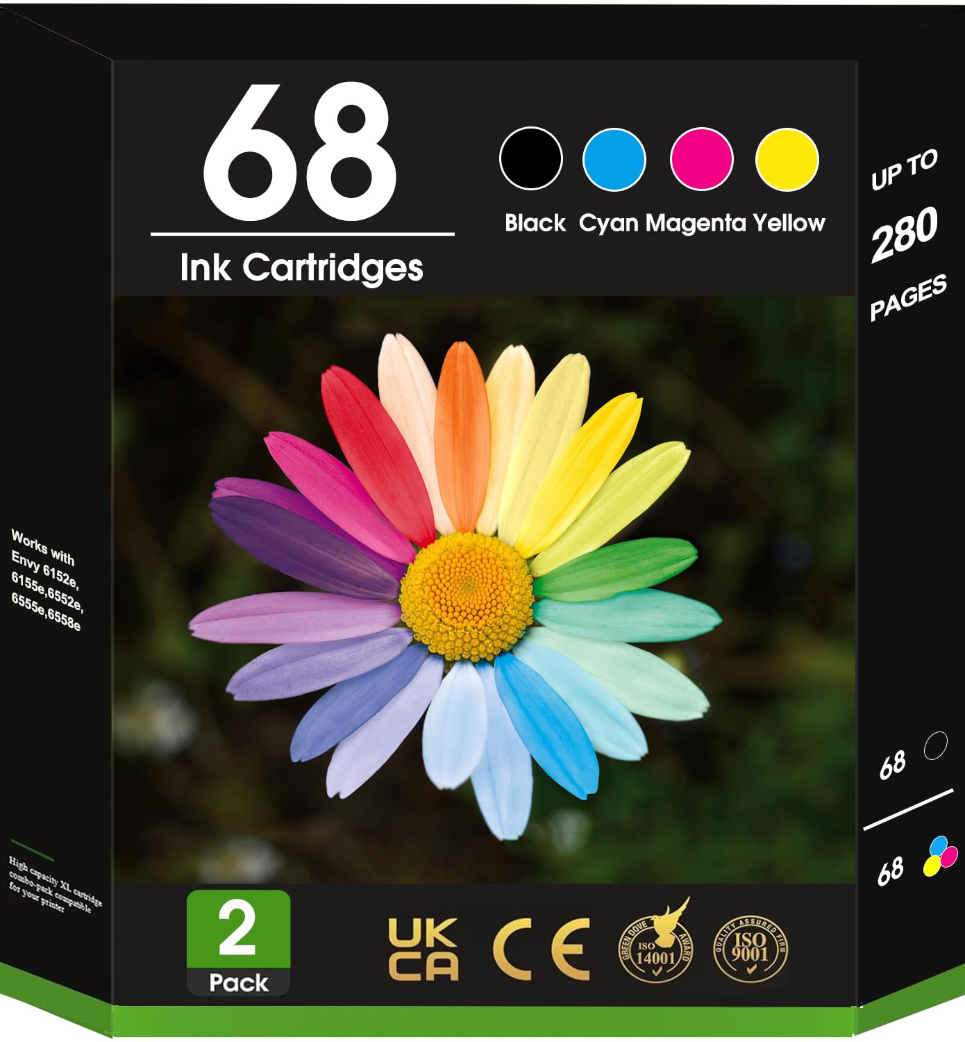 Youuish 68 Ink Cartridges Combo 2-Pack Black Tri-Color Replacement for HP 68 68e Ink Compatible with HP Envy 6152e 6155e 6552e 6555e 6558e Printer