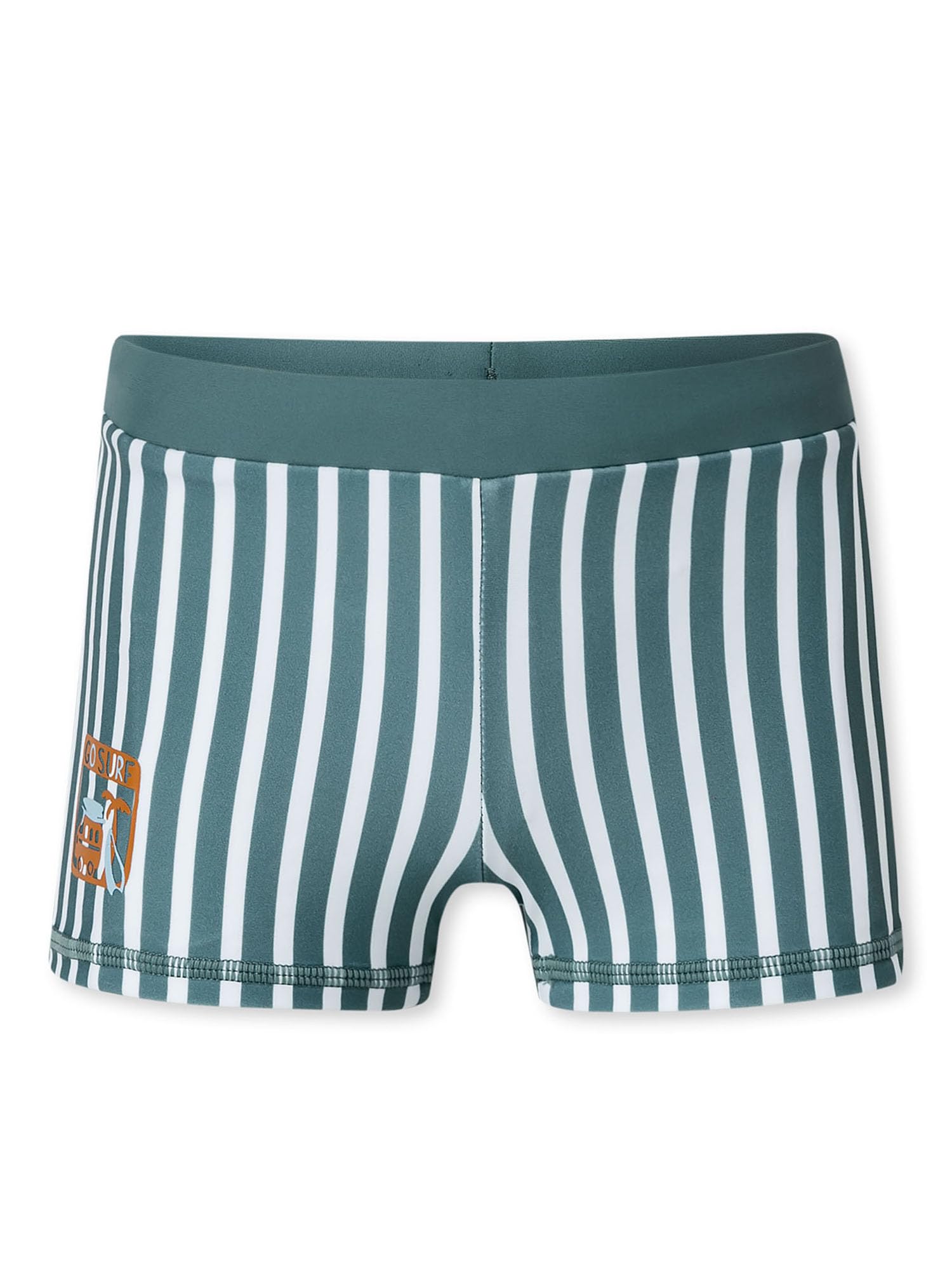 Schiesser Jungen Badehose Aqua Kids 2-Pack | Zwei Badehosen für Jungen: mineralgrün gestreift mit Surf-Motiv und indigo-blau mit Karo-Smiley-Print