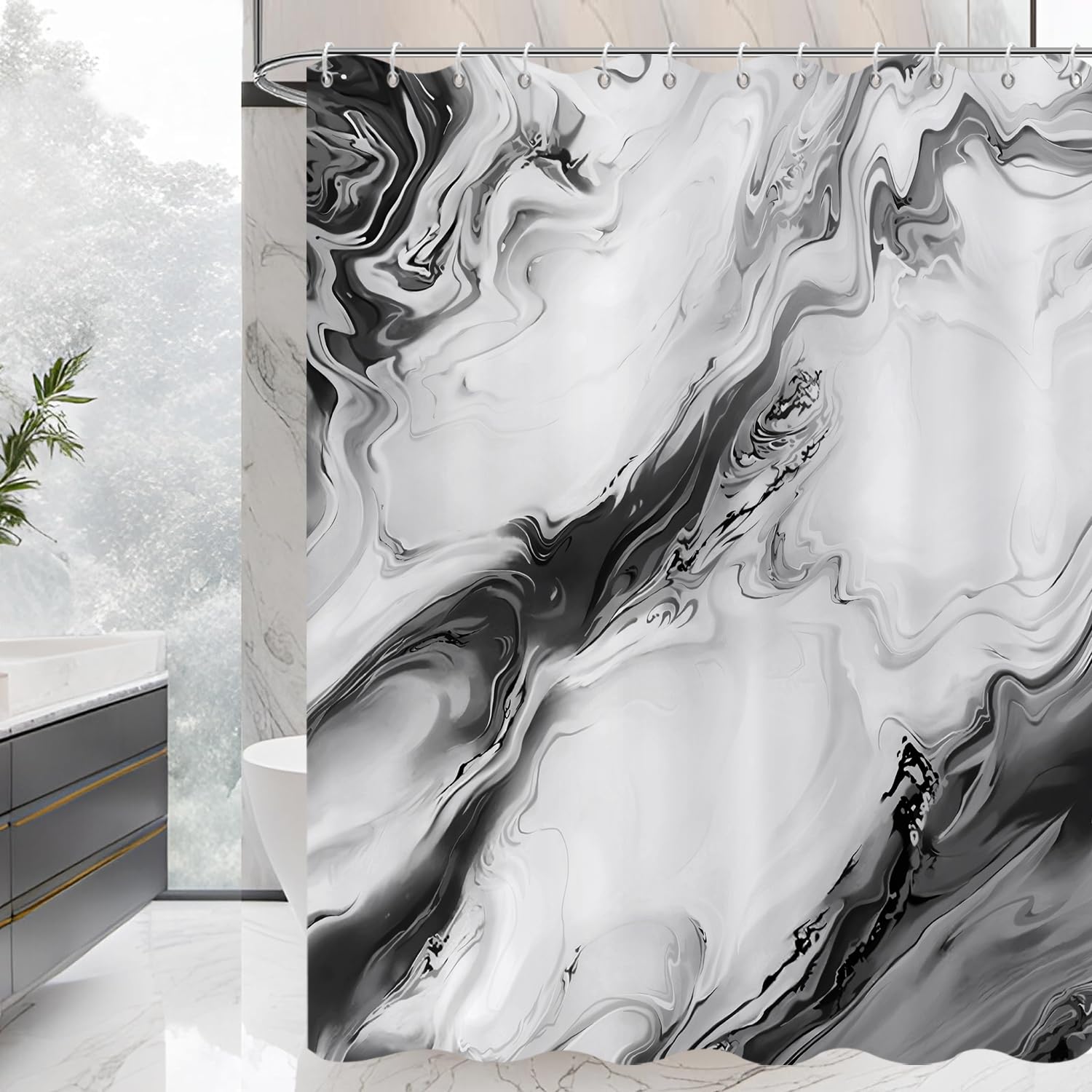 GCIREC Shower Curtain, 180x180cm, Black Modern Abstract Art Watercolor Marble Gradient Waterproof Fabric Machine Washable Bathroom Curtain with Hooks