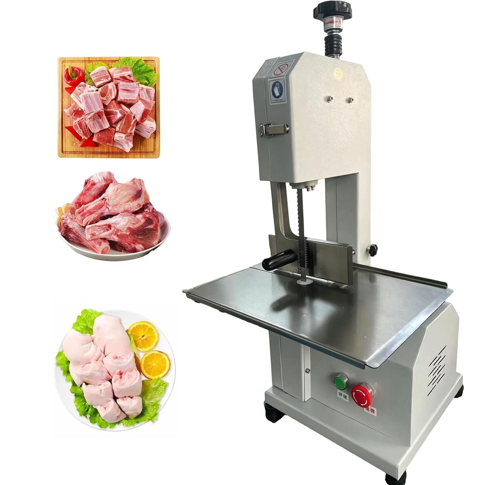 Sierra Eléctrica Comercial para Huesos de Carnicero, 1100W Sierra de Cinta de Acero Inoxidable, Mesa 44x31cm, Grosor 0-130mm, con 8 Cuchillas, para Carne Congelada, Costillas, Res y Pescado