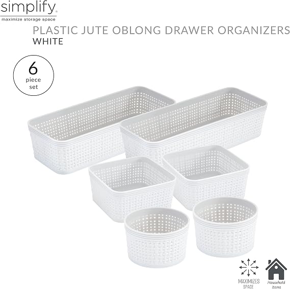Simplify 6 Piece Organizing Set | Multiple Size Bins | Multipurpose | Office | Desk | Dorm | Bathroom | Storage Basket | Small Items | Accessories | White