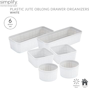 Simplify 6 Piece Organizing Set | Multiple Size Bins | Multipurpose | Office | Desk | Dorm | Bathroom | Storage Basket | Small Items | Accessories | White