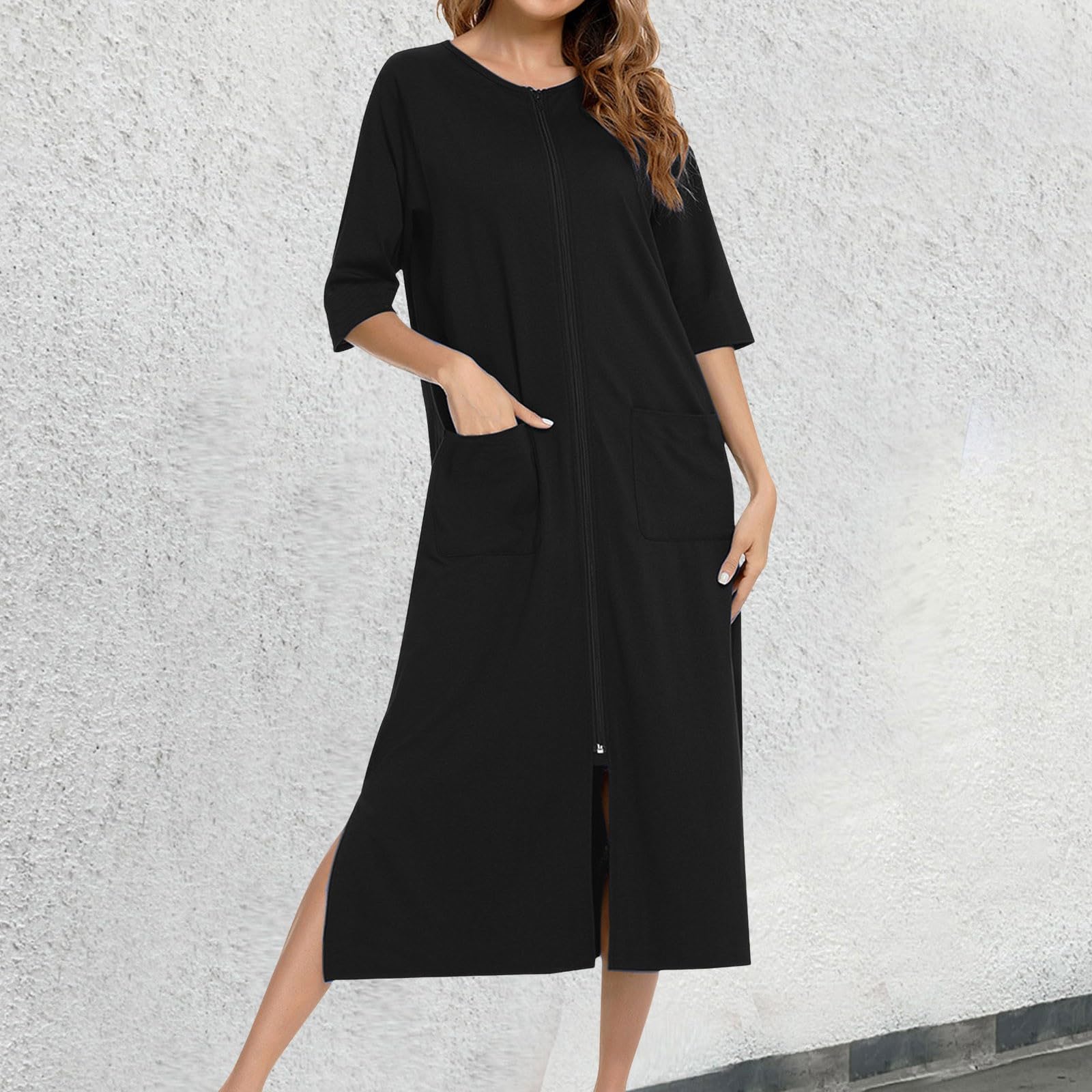 Umstandspyjama Damen Robe Stillpyjama Bequem Morgenmantel 3/4 Ärmel Umstands Nachthemd Hausmantel mit Taschen und Reißverschluss Locker Loungewear Bademantel Weicher Hausanzug