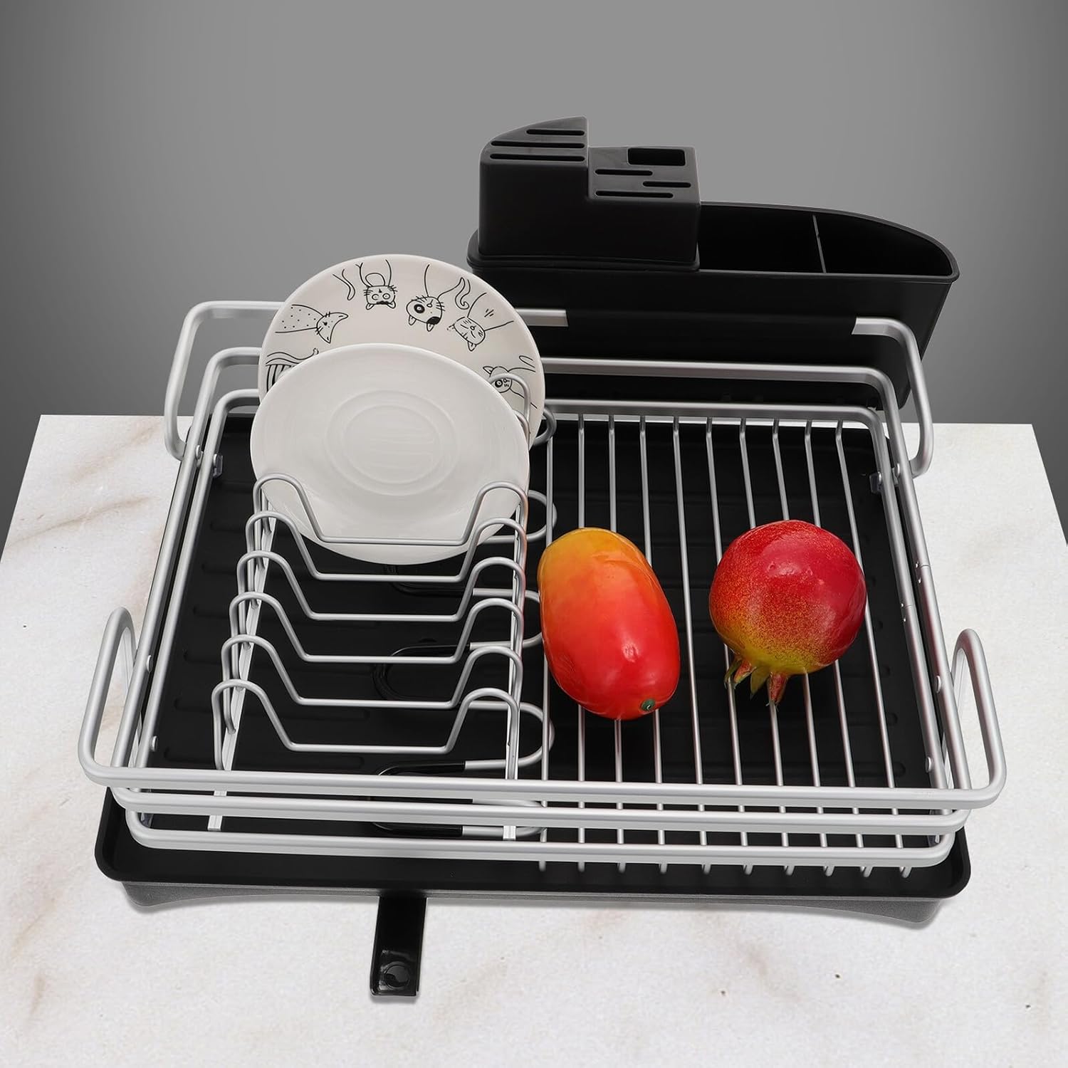 Healifty Multi-Function Aluminum Dish Rack with Draining Tray, Silver Dish Plate Storage Rack with Black Base, Kitchen Tableware Drying Organizer for Sink Counter Use