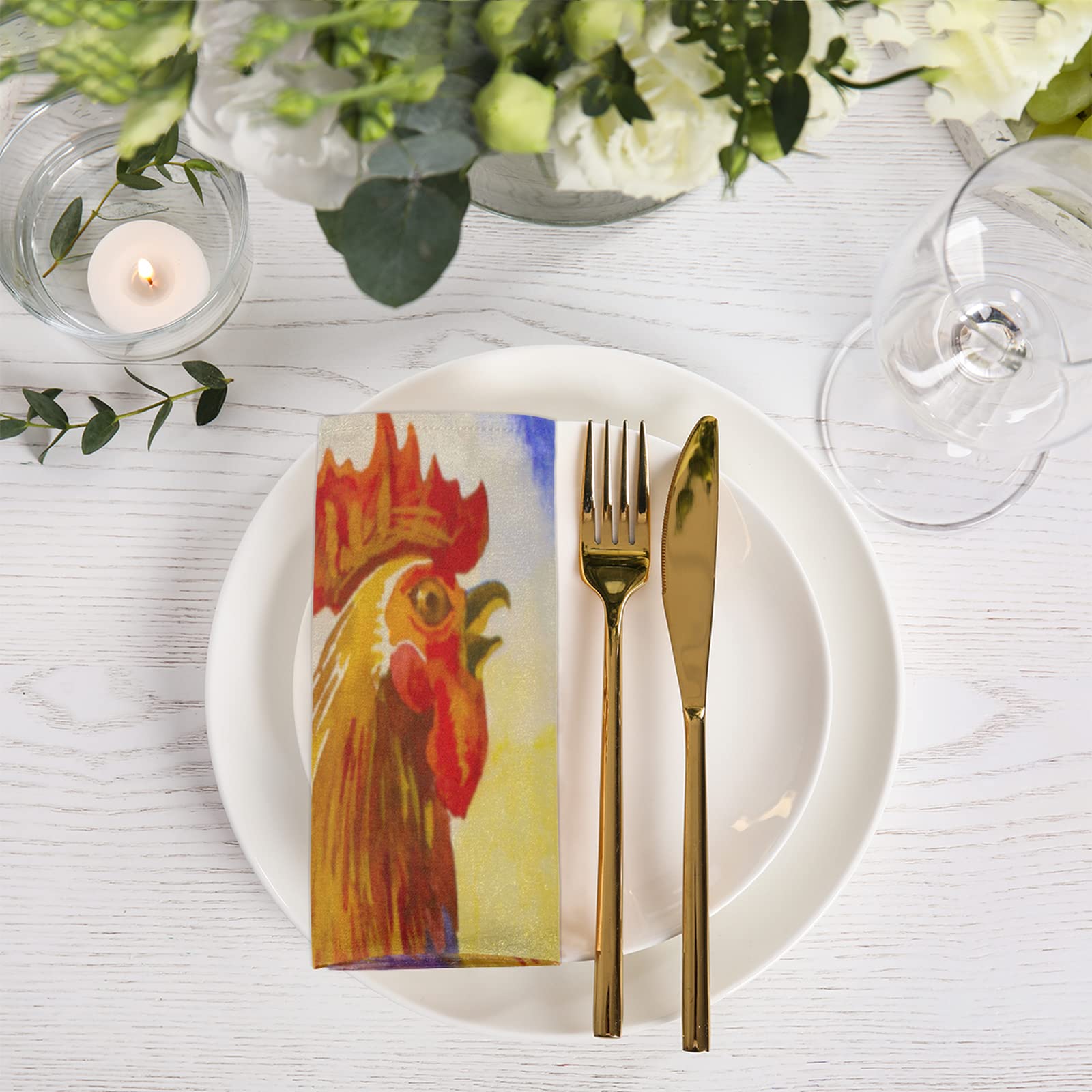 Set di 4 tovaglioli di stoffa di pollo con gallo animale, 50 x 50 cm, pittura a olio lavabile, riutilizzabile, in poliestere, per cene, feste, matrimoni, vacanze