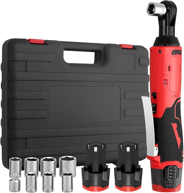 JUSTOOL 3/8" Cordless Ratchet Wrench 35 Ft-lbs 12V Electric Ratchet Wrench Kit Power Wrench with Variable Speed Trigger, Fast Charger, 2-Packs Batteries, 7 Sockets