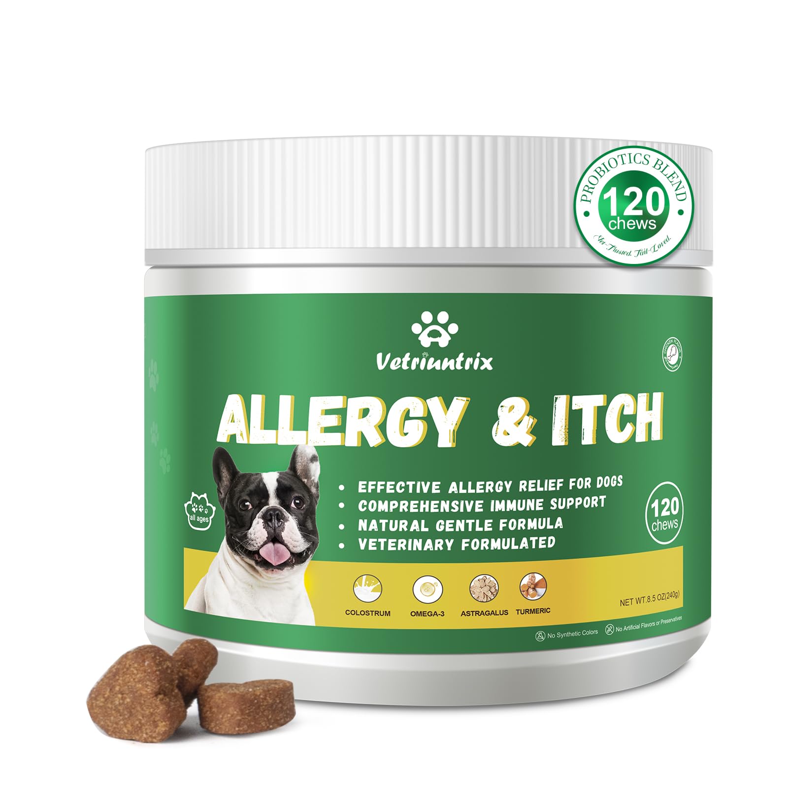 Dog Allergy Chews, Dogs Allergy Relief Chews for Paw Licking Itchy Skin Coat Supplement, Probiotics for Dogs with Colostrum Omega-3 Astragalus Immune Supplement-120ct