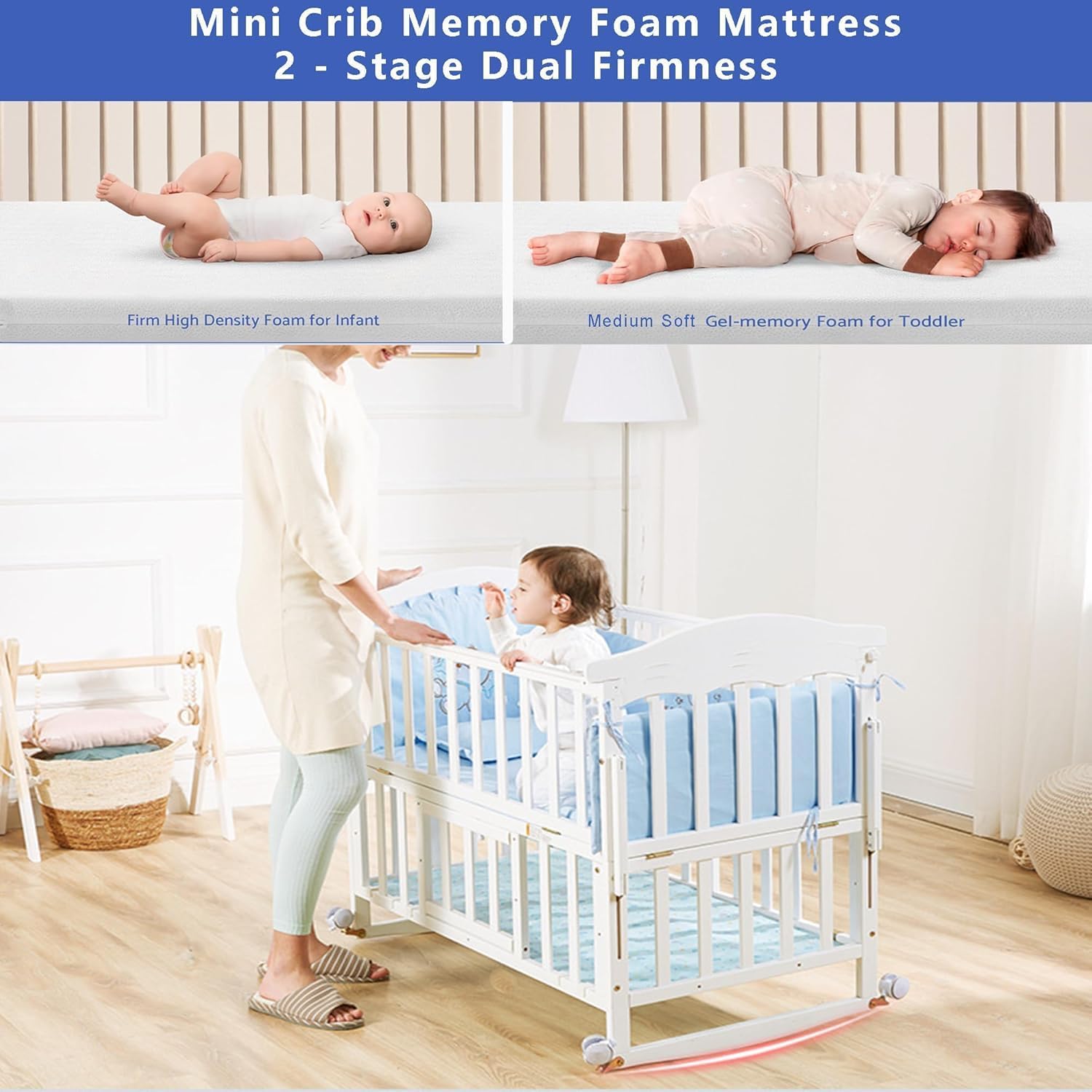 Portable Mini Baby Crib 4 in 1 with Memory Foam Mattress(38" by24) Included, Cunas para Bebes Convertible Crib with Foldable Storage Baby Playpen Bassinet Bedside Sleeper Bed (Gray)