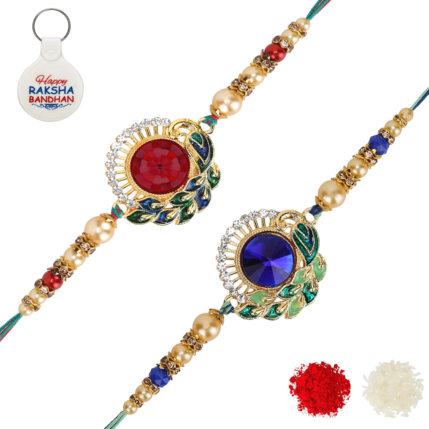 Riddhika Ventures Stylish Kundan and AD Ring Rakhi (Set of 2) (Bracelet) with Roli Chawal, Greeting Card and and One Motivational Keychain (K12K13K) (B08BLTXRGP) Amazon Price History, Amazon Price Tracker