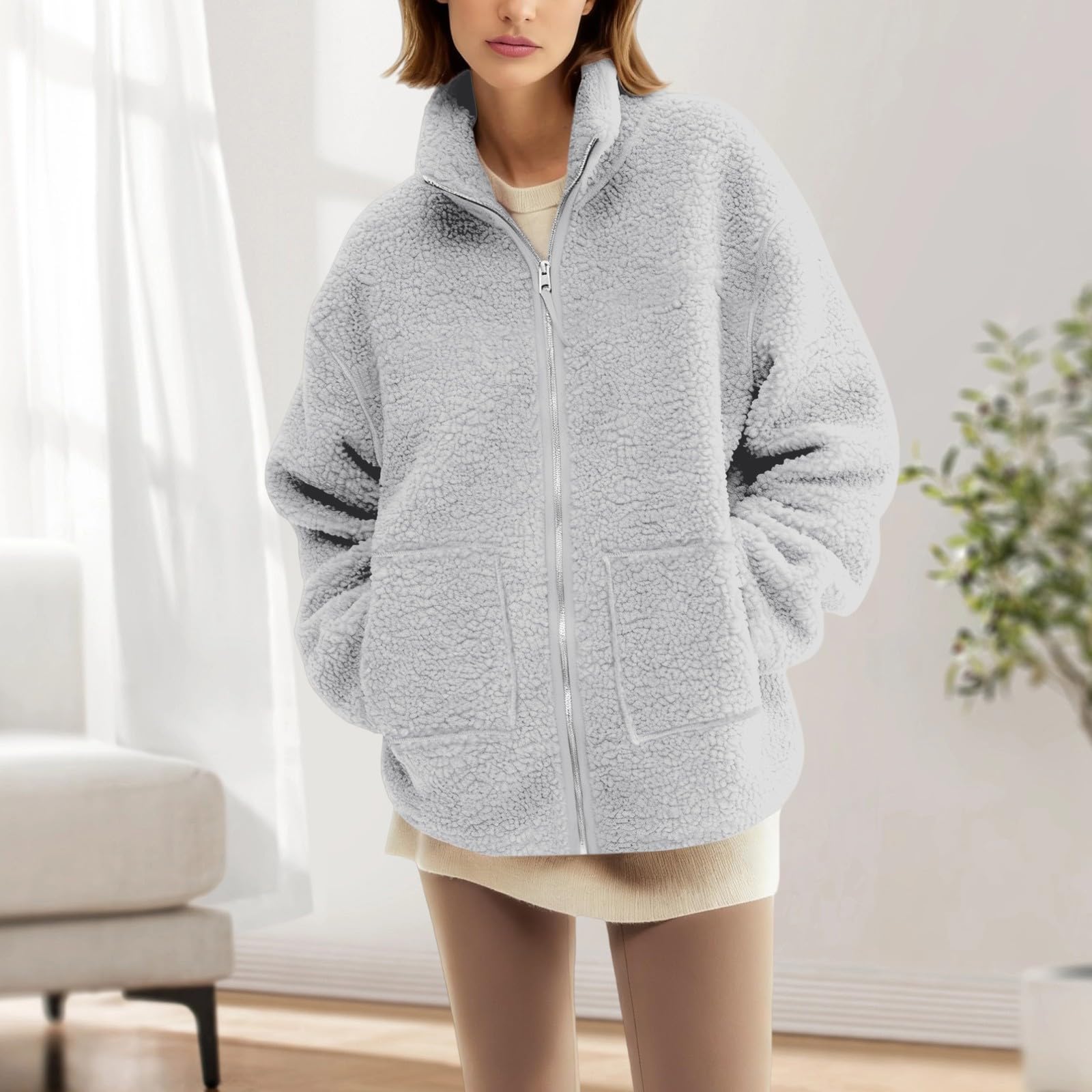Jacken für Schwangere Winter Teddybär Umstandsmäntel Oversize Casual Flauschige Fleecejacke Langarm Reißverschluss Sweatshirts ohne Kapuze Outwear Thermo Warm Gemütlich Mantel Grau S