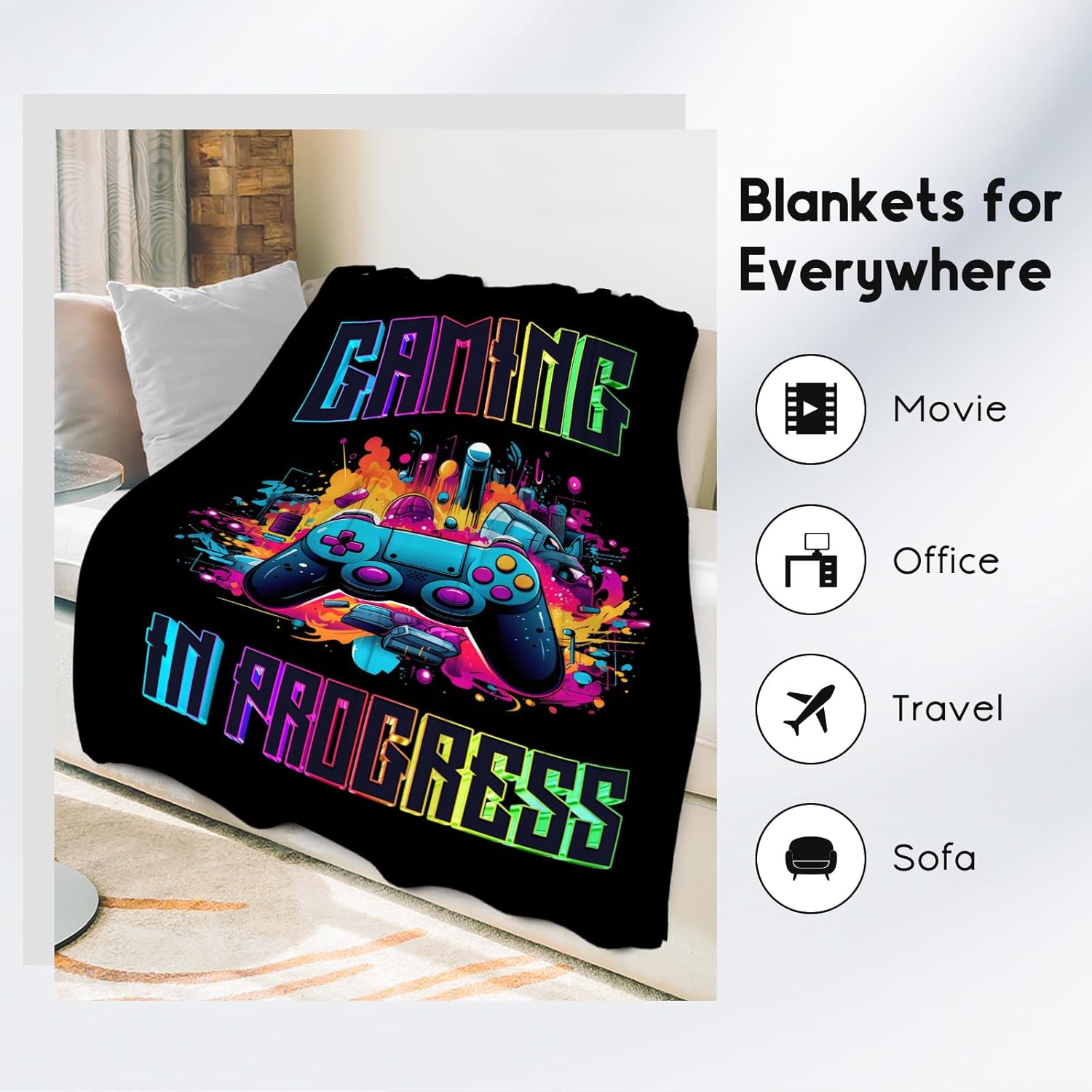 Boy Blanket - 60x80 Inches Cool Gaming Throw for Boys, Men - Black Cozy Fuzzy Blankets for Bed, Living Room