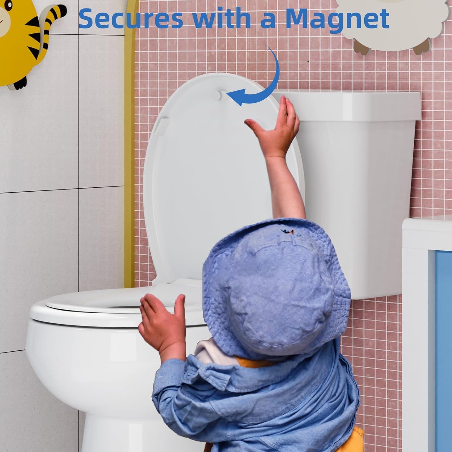 Round Toilet Seat, Toilet Lid Slow Close Quiet No Thud, Magnets Down Lock Quick Release Full Flat Potty Training Toilet Seat with Child Toddler Seat White, 17" Bunk Cover