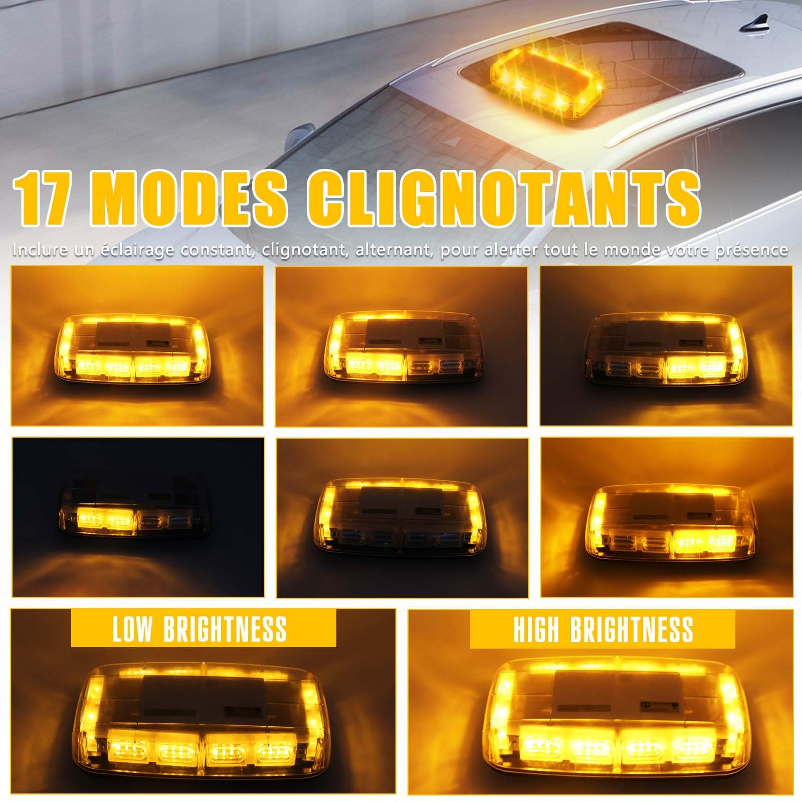 Lumières stroboscopiques ambre sans fil avec Base magnétique, lumière de balise de secours Rechargeable de 48 LED, lumière clignotant de toit pour les véhicules de camions de voiture