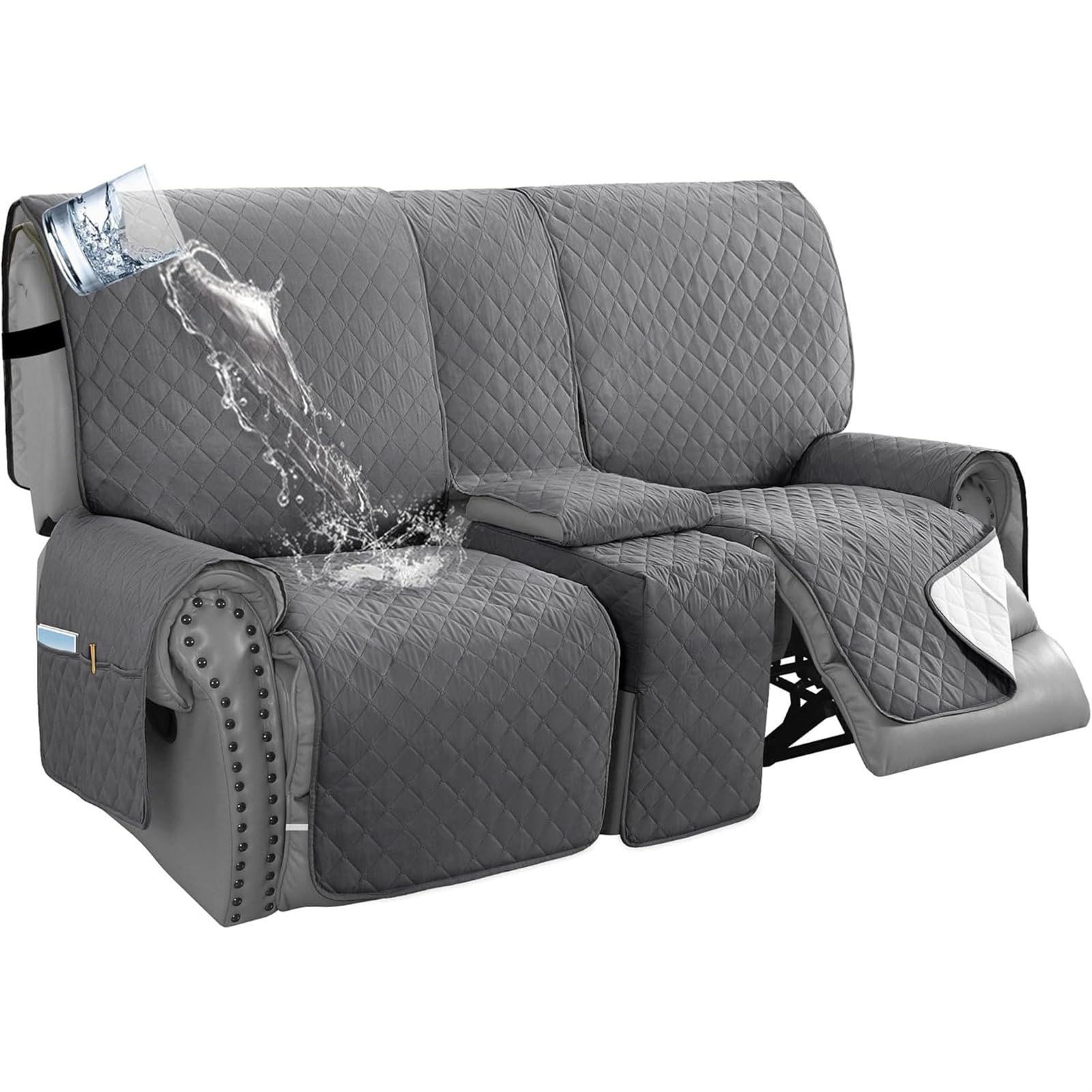BXFUL Waterproof Recliner Sofa Cover 1/2/3 Seat, Non-Slip Recliner Couch slipcovers with Pocket, Washable Reclining Furniture Chair Protector for Dogs, Pets, Kids (Gray,2 Seats with Console)