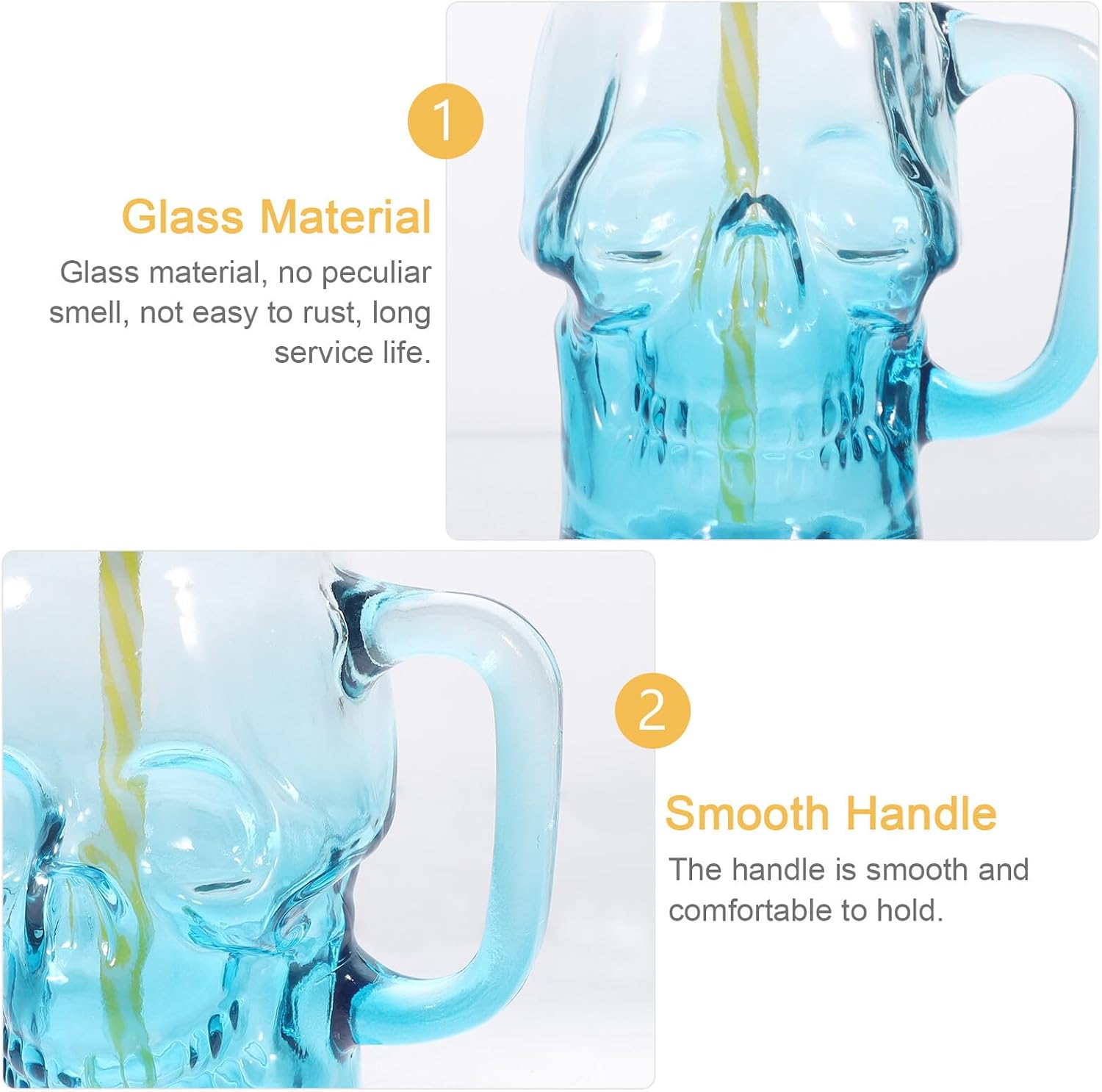 2pcs Halloween Gradient Blue Skull Glass Beer and Beverage Cups with Handle 500ml Party Skull Glasses for Halloween Decoration and Drinking Random Color