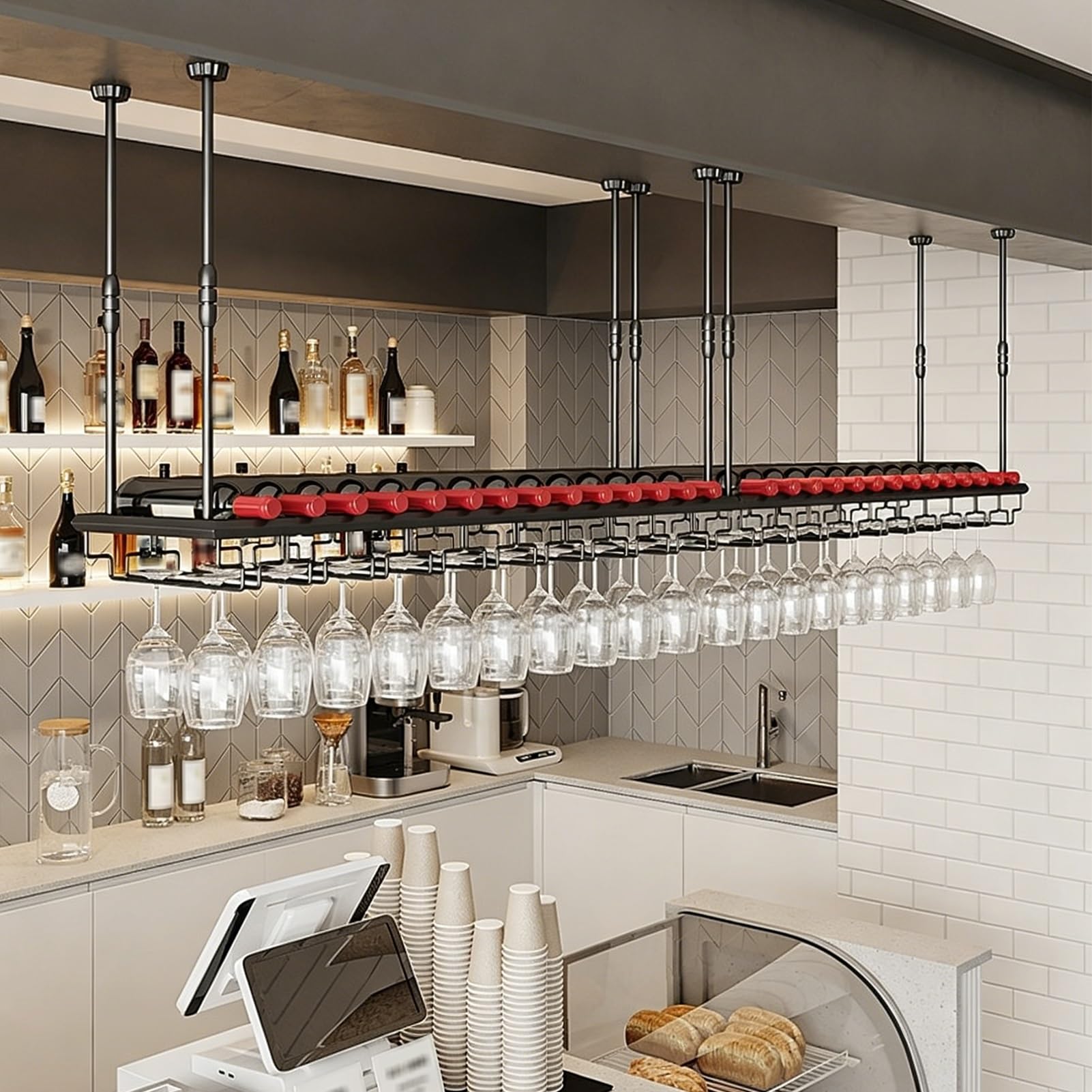 Casier à vin Suspendu en métal à Hauteur réglable, Support de Rangement pour Bouteilles de vin avec étagère pour Verres à Pied pour Bar, Cuisine, Restaurant, Maison