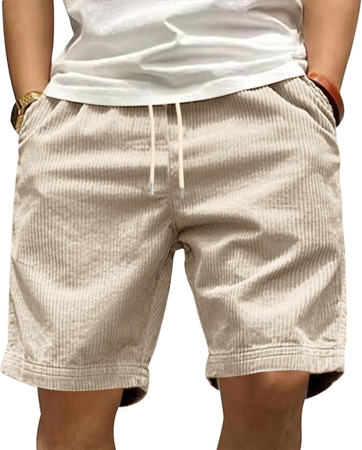 Corduroy Shorts for Men Lightweight Summer Casual Classic Solid Color Drawstring Waisted Bermuda Shorts with Pockets
