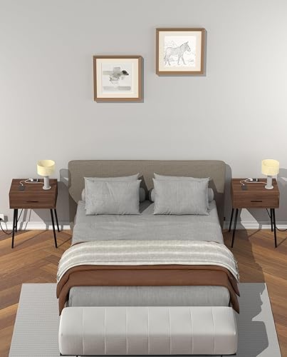 Miniatura 2 de HAIOOU Juego de 2 mesitas de noche de mediados de siglo con estación de carga, mesa auxiliar moderna con un cajón con mango negro mate de alta