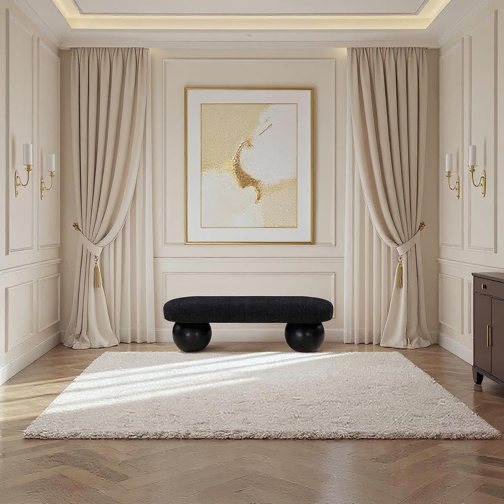 Meridian Furniture 22043Black Bowie Collection Art Deco Bench with Rich Black Boucle Fabric, Black Finish Solid Ash Wood Ball Shape Legs, 59.5" W x 18" D x 17" H, Black