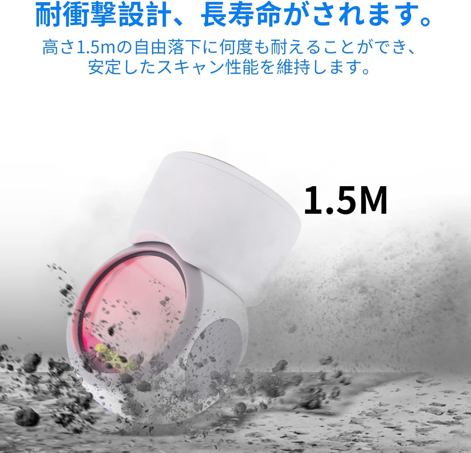 Symcode 3300DW Barcode Scanner shown withstanding a 1.5m drop, illustrating its robust design.