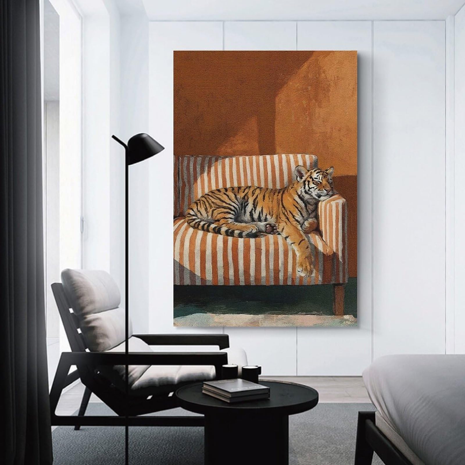 Junmoney Wall Art Print Resting Tiger on Striped Couch, 16x24inch(40x60cm), for Home Lounge, Bedroom Or Reading Nook, Modern Wall Decor for Cosy Interiors