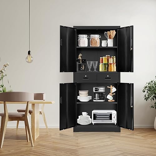 Miniatura 6 de Gabinete de almacenamiento de metal, armario de almacenamiento con bloqueo con estantes ajustables y 2 cajones, 16 pulgadas de profundidad x 32