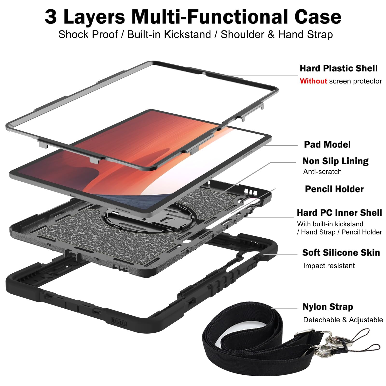 Custodia protettiva antiurto per Samsumg Galaxy Tab S10 FE+/S10 FE Plus 13" 2025, custodia protettiva antiurto con cinghia da polso e tracolla, supporto stabile in silicone (nero)