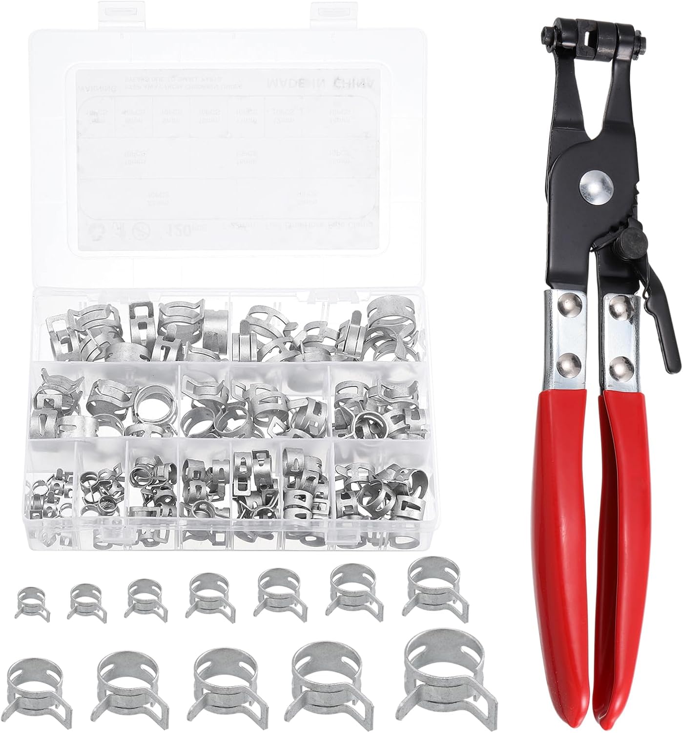 uxcell 121Pcs 7-22mm 12 Size Spring Band Hose Clamp with Swivel Clamp Plier Assortment Kits, Fuel/Silicone Vacuum Hose Pipe Clamp Low Pressure Air Clip Clamp, Silver Tone