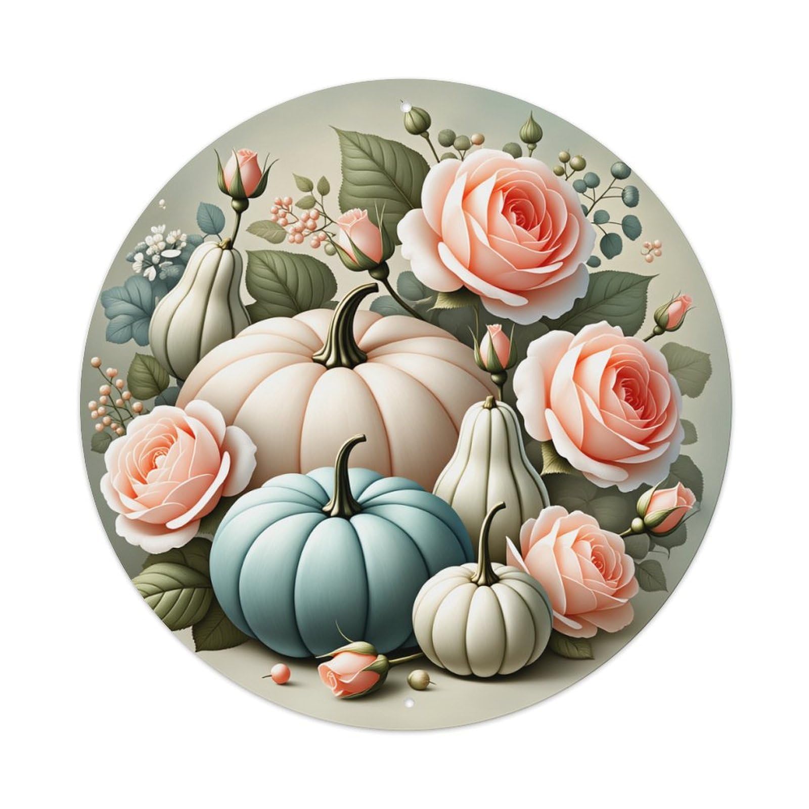 Wmlzdnwr Vintage Pumpkin Roses Gourds Leaves Flowers Autumn Harvest Nature Pattern Round Tin Sign,Retro Wall Art,Metal Poster For Home, Bar, Garage, Cafe, Rustic Indoor & Outdoor Decor, 8X8 Inches