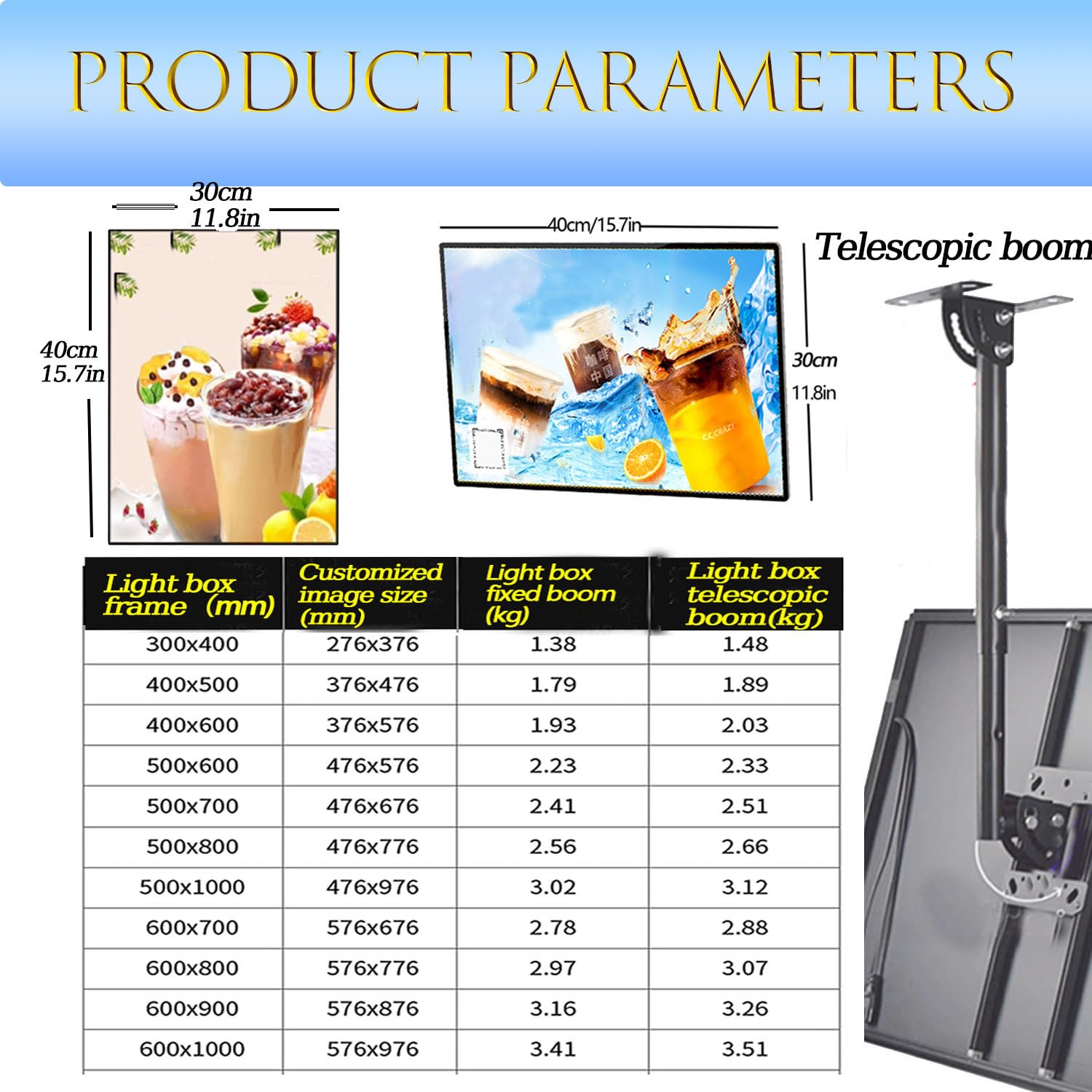 Letrero de Caja de luz LED Ultrafino con Barra telescópica, se Puede Montar en Horizontal o Vertical. Tablero de menú LED para cafeterías y Salas de exposiciones. 30 * 40cm