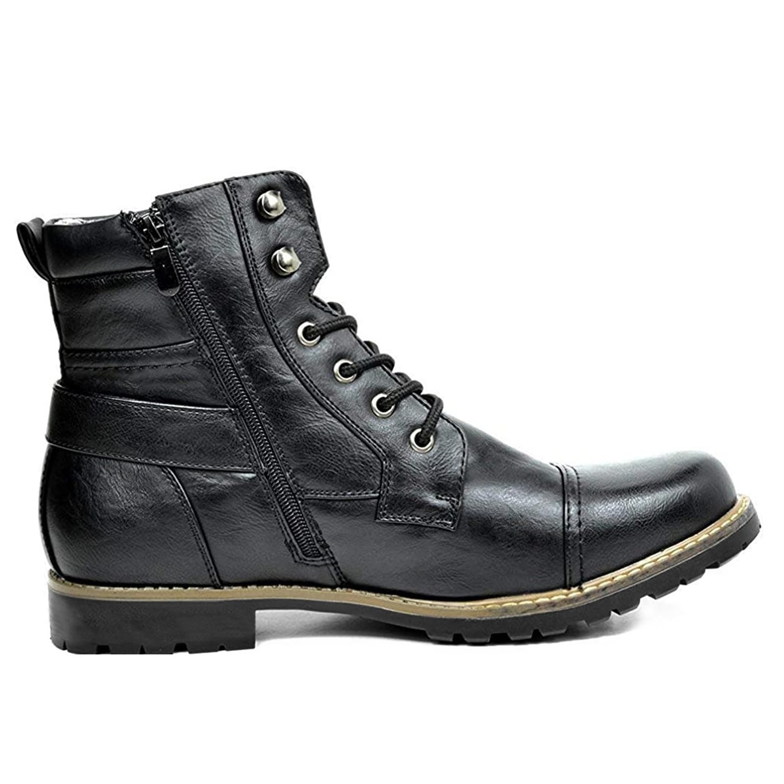 ANUFER Herren Doppelreißverschluss Schnürbare Coole Biker Stiefel | Knöchelhoch, Kunstleder, Vintage Kappe Zehenkappe, Motorradstiefel, Große Größe