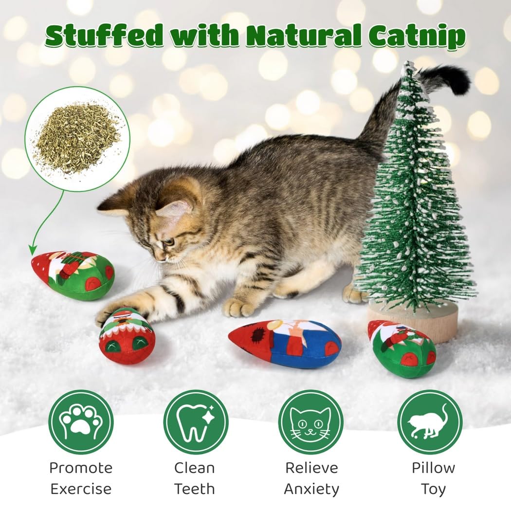Katzenminze-Kauspielzeug für Katzen, mit Knistern, gefülltes Plüsch-Beißspielzeug, Urlaubsgeschenke für Kätzchen, 4 Stück