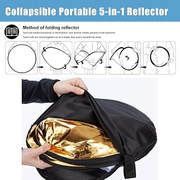 60cm Portable 5-in-1 Collapsible Light Reflector Studio Photography Multi Round Disc Light Reflector, Translucent, Silver, Gold, White, and Black