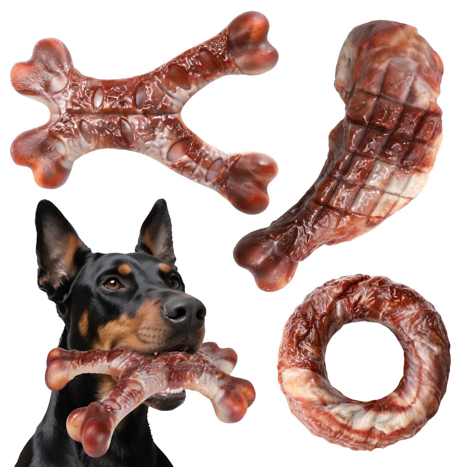 Sarvvte 3 Pack Indestructible Dog Chew Toys for Aggressive Chewers - Durable Nylon Chew Toys with Beef Flavour, Teeth Cleaning Bumps & Peanut Butter Slots for Medium/Large Breed Dogs
