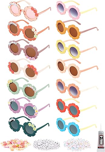 Dunzy 14 lentes de sol redondos de flores con 200 cuentas de letras al azar, 50 dijes de margaritas con pegamento para nombre de bricolaje