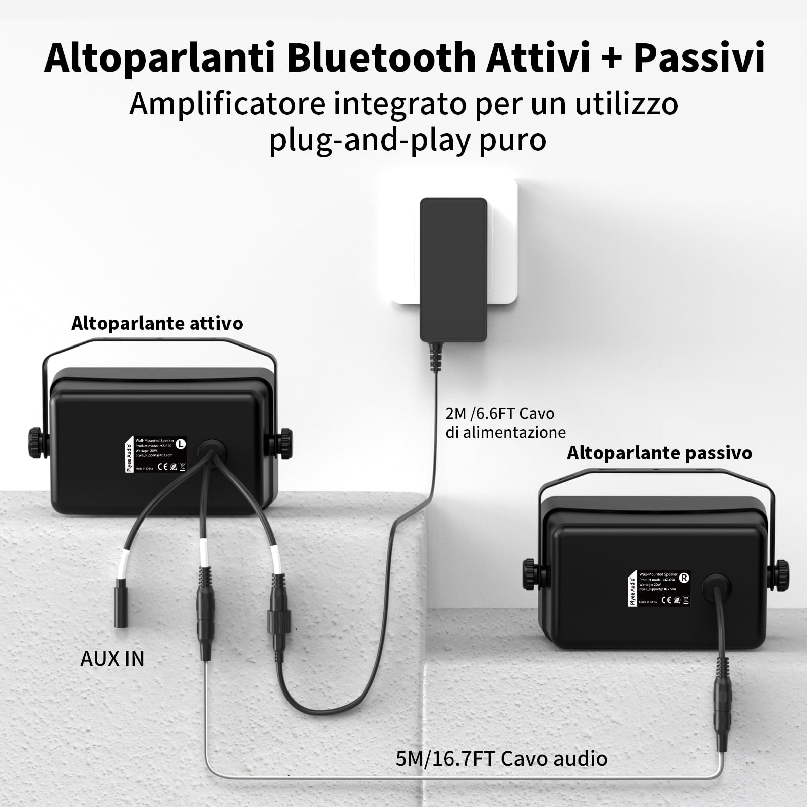 Casse Bluetooth da Esterno, Casse da Parete Attive + Passive, Design Compat, Supporto Ingresso Aux, Adatte per Patio, Veranda, Garage, Confezione da 2 (MZ-650)
