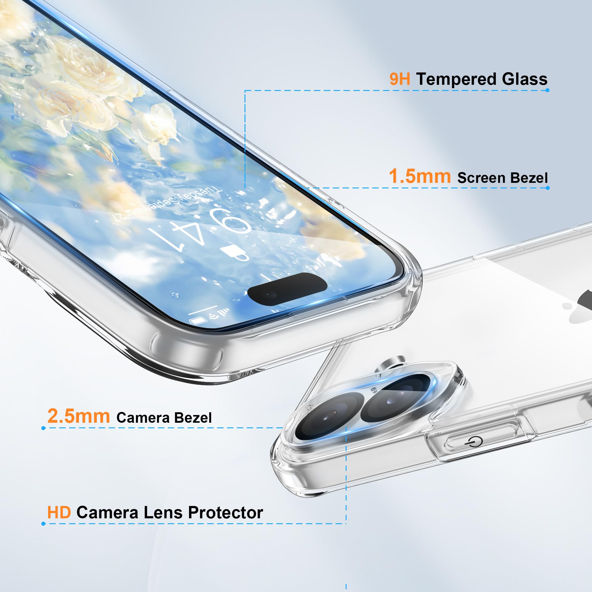 ORETECH 4 in 1 Compatibile con Cover iPhone 16 (6.1 Pollici)con[2 Vetro Temperato Proteggi Schermo e 1 per Fotocamera]Custodia per iPhone 16 Antiurto Sottile in PC Rigido con Bumper in TPU-Trasparente