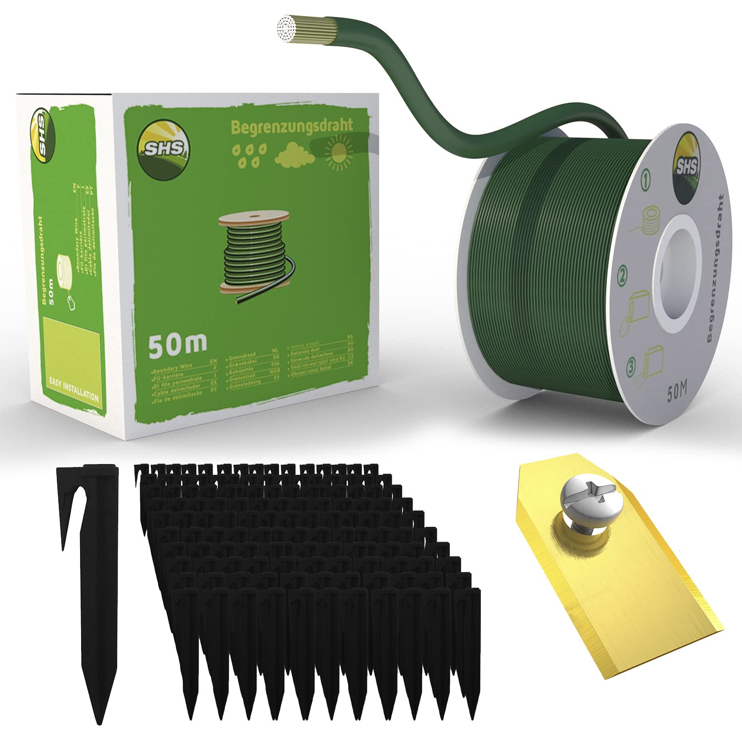 Kabel ograniczający 50 m + 150 szpikulców do wbijania w ziemię + 30 ostrzy do kosiarek automatycznych, kosiarek, kosiarek, robotów, zestaw akcesoriów, drut ograniczający do kabli do wyszukiwania – kompatybilny z GARDENA HUSQVARNA