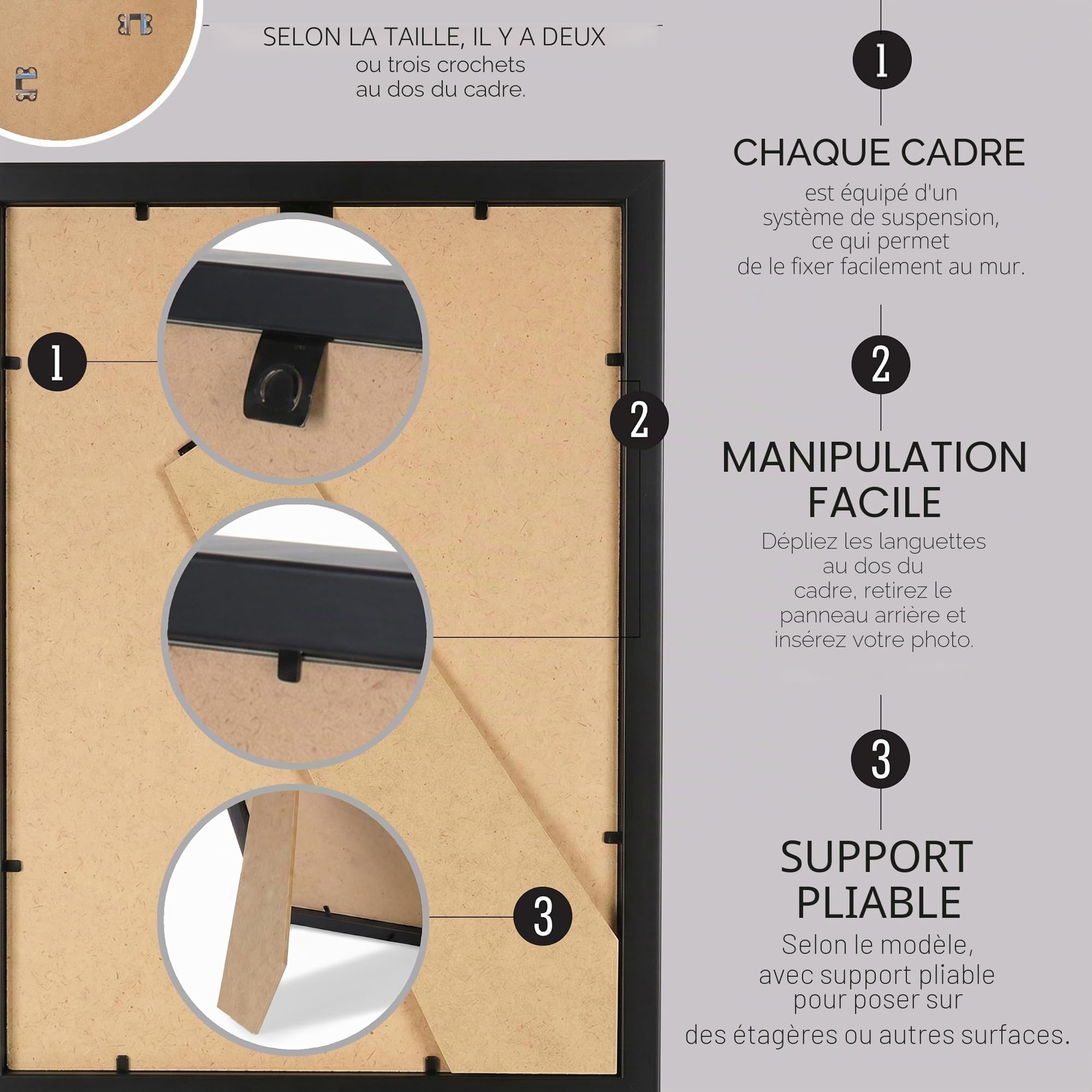 Cadre Photo 60 x 80 cm en Bois MDF pour Images Noir | Cadre avec verre acrylique Plexi, pour posters, affiches et puzzles, décoration murale à suspendre ou à poser