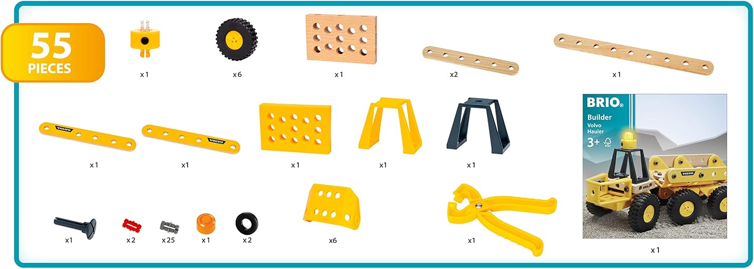 BRIO Builder Volvo Hauler showing the dumping function with the bed raised