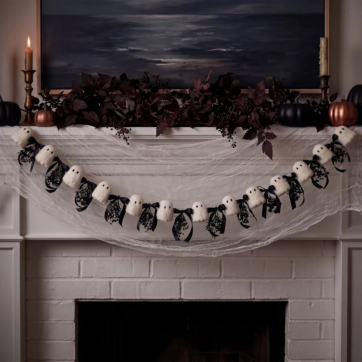 Kajaia 6.5 ft Halloween Cute Ghost Garland with Black Bows and Gypsophila