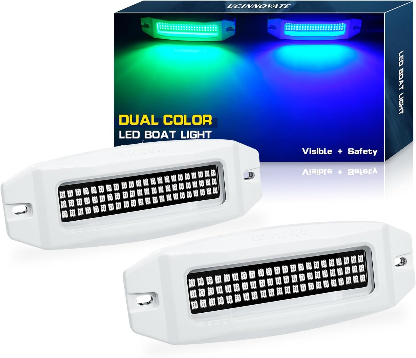 UCINNOVATE 2X 6.9 Marine LED Boat Lights, Dual Color Waterproof Transom & Underwater Lights for Yachts, Boats, Sailboats, Pontoons, Stern & Deck (Blue/Green, 12-36V, IP68)