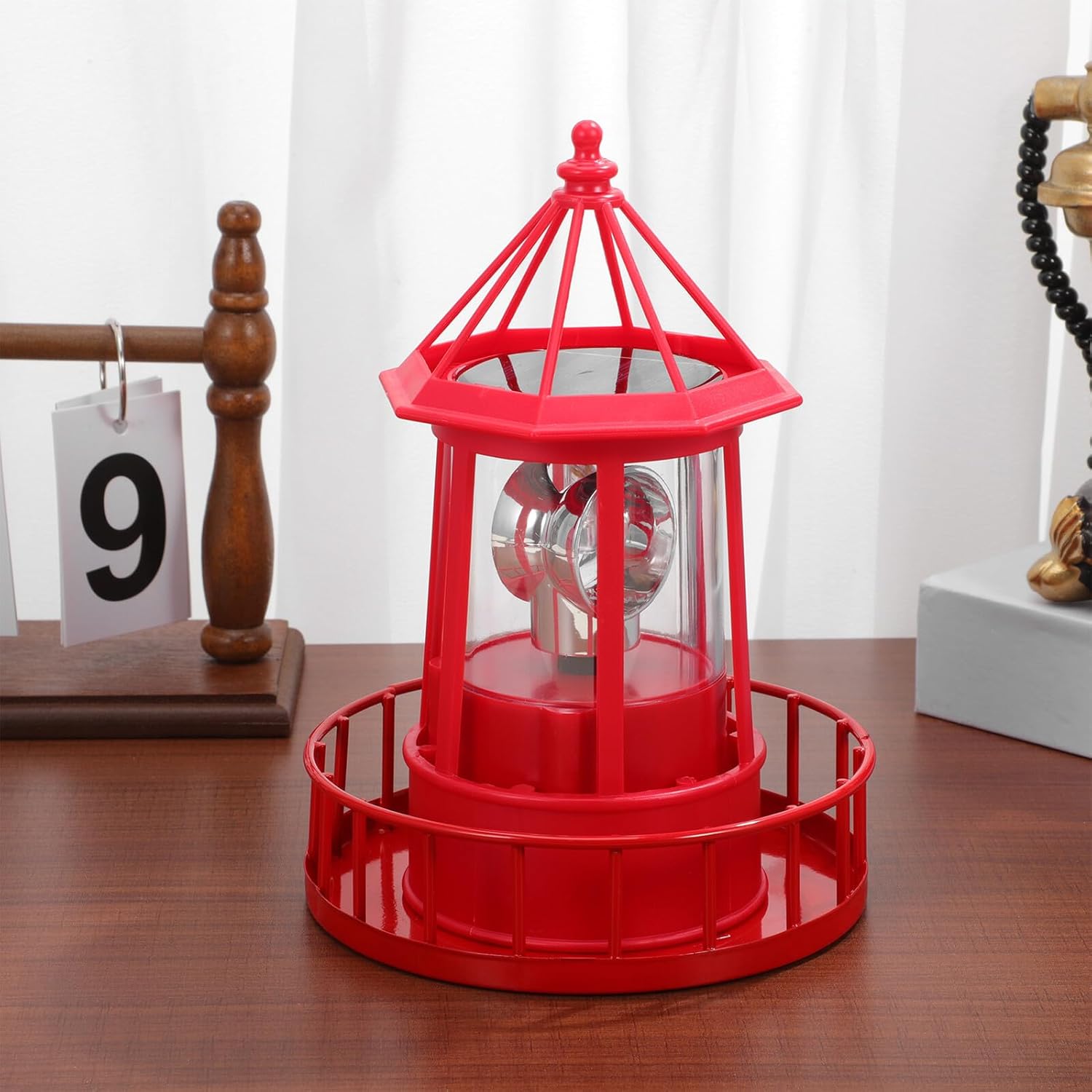Rotating Lamp Lighthouse Solar Garden Light Outdoor Iron Solar Adornment Large Red Resin Landscape Figurine Light for Patio Lawn Decor