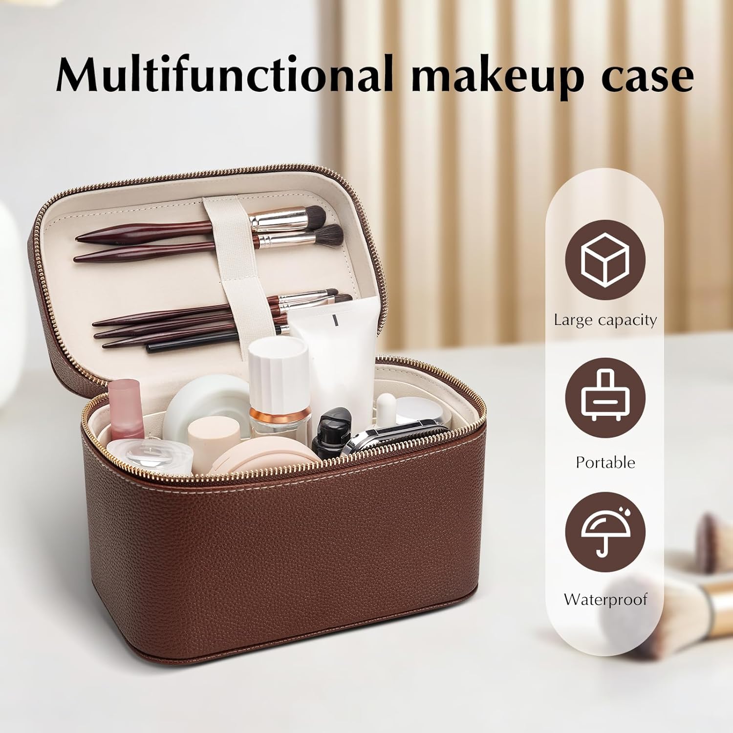 Makeup Case for Women, Leather Makeup Bag Cosmetic Case with Removable Divider, Large Capacity Waterproof Portable Travel Toiletry Make up Organizer Case - Image 5