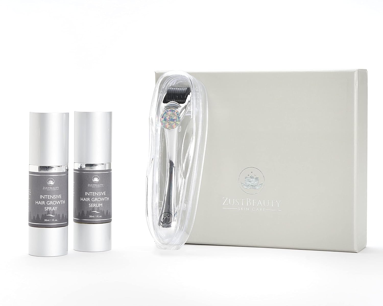ZustBeauty – 3 Piece Beard and Hair Growth Derma Roller Kit for Men and Women – Derma Roller Scalp Stimulator, Intensive Hair Growth Serum (1oz) and Hair Growth Spray (1oz)