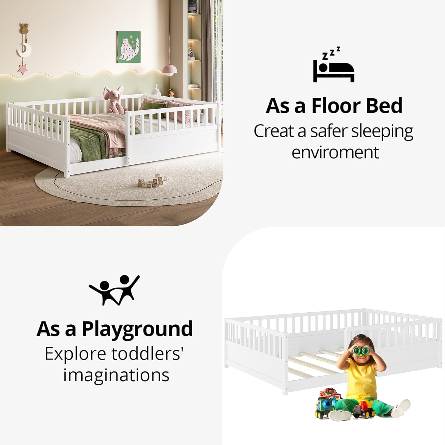 Montessori Floor Bed with High Rails, Full Size Floor Beds with Slats for Girls Boys, Solid Wood Low to Ground Crib Transition Bed for Kids Sleep, Play & Reading,White