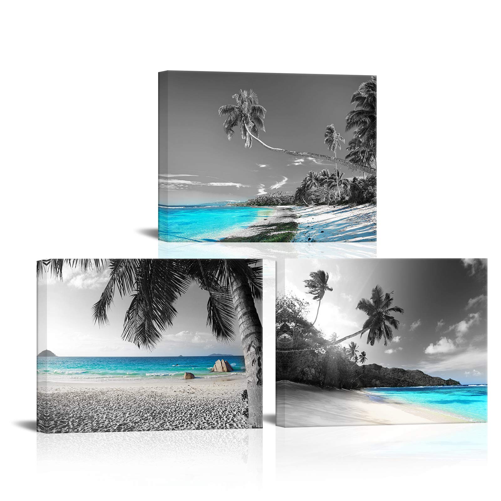 SkenoArt 3 Panels Teal Blue Canvas Wall Art Black White Hawaii Beach Pictures Tropical Palm Tree Artwork Prints for Home Office Bathroom Wall Decoration Framed Ready to Hang Seascape Painting