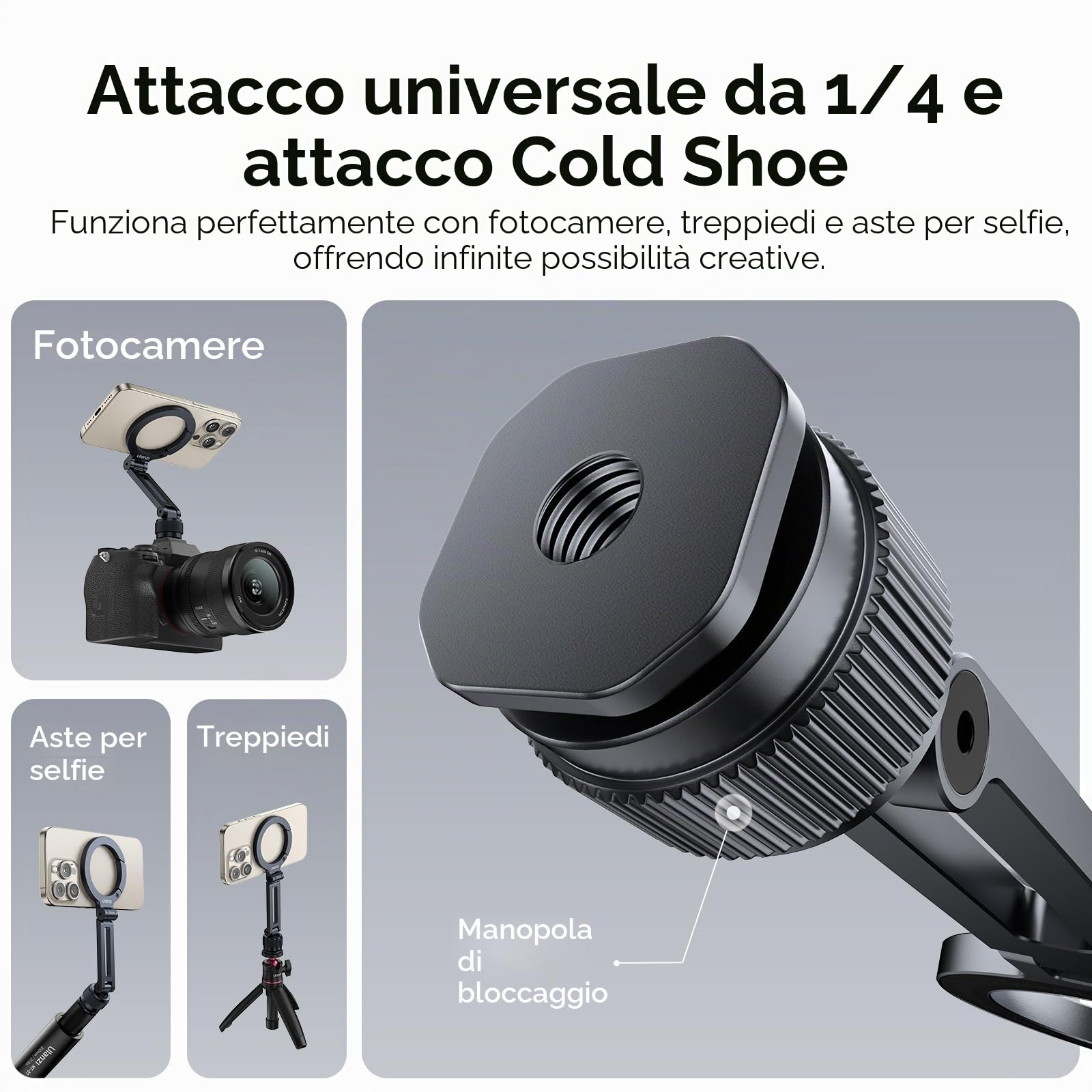 ULANZI MA07 Supporto magnetico per treppiede per telefono, supporto per telefono in alluminio con vite da 1/4", adattatore in metallo con scarpa fredda per fotocamera digitale, compatibile con iPhone