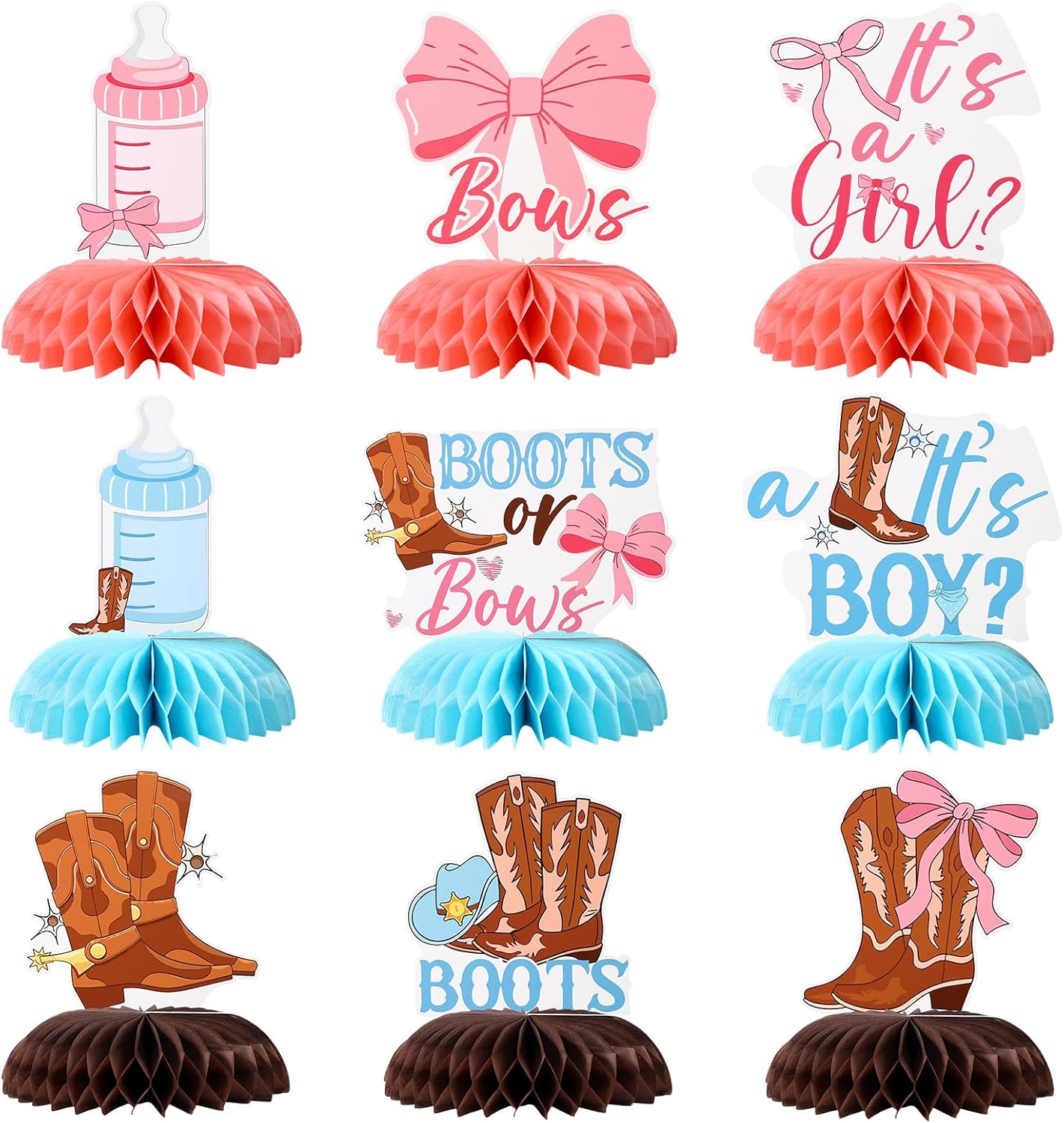 9pcs Boots or Bows Gender Reveal Decor, 9 Style Western Cowboy Cowgirl Table Decorations He or She Honeycomb Centerpieces for Baby Shower Pregnancy Announcement Party