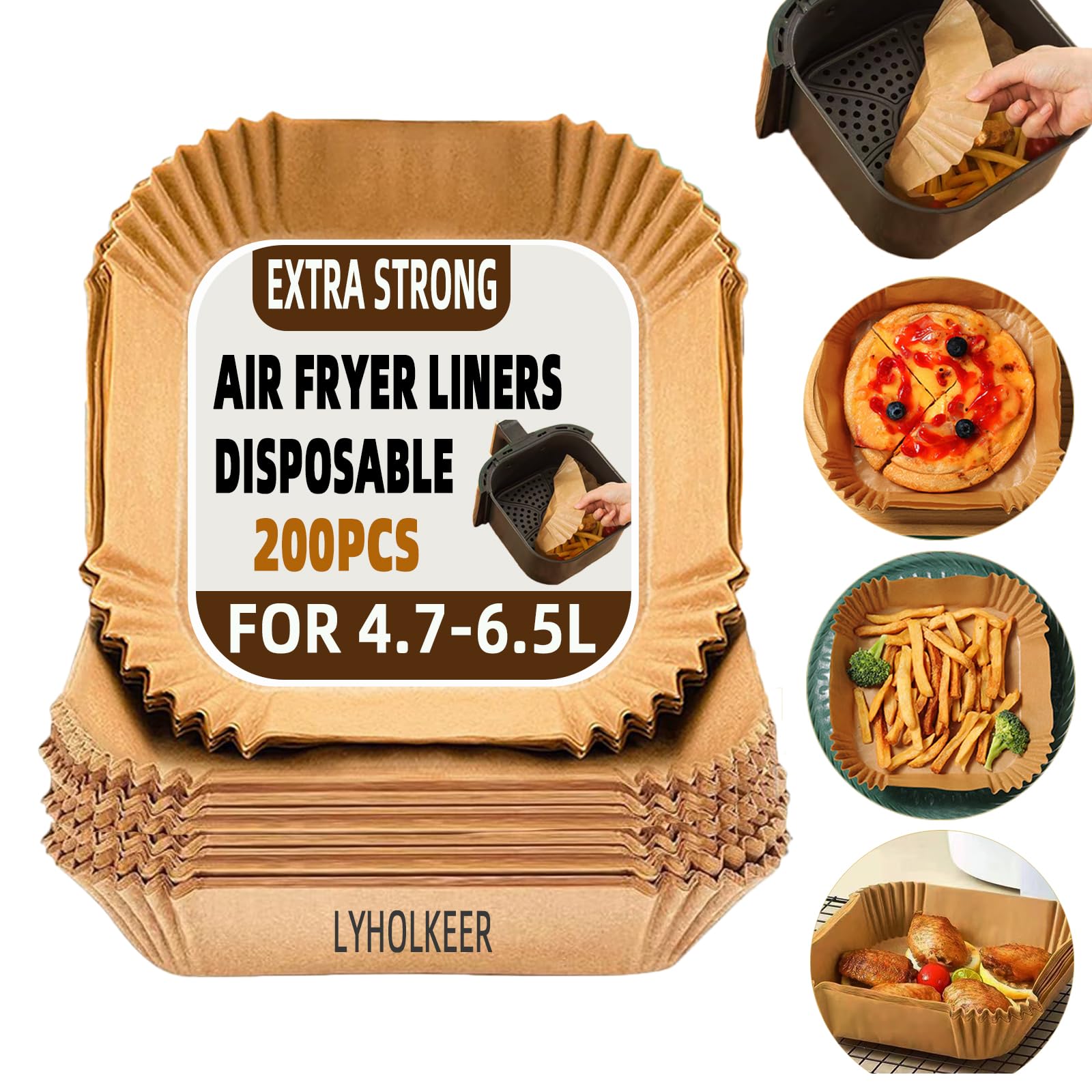 200 Unidades de Papel Air Fryer Cuadrado,20×20×4,5 cm,Compatible con COSORI 5,7L/6L, Ninja AF180EU 6,2L, Cecotec 5,5L/6,5L,Papel Freidora Aire Desechable,para Freidora sin Aceite de 4,7 a 6,5 litros